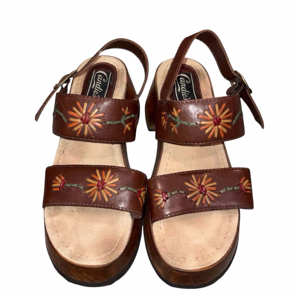 Vintage Candie’s Brown Leather Wooden Platform Sandals Shoes size 8 90’s Y2K - Picture 3 of 11